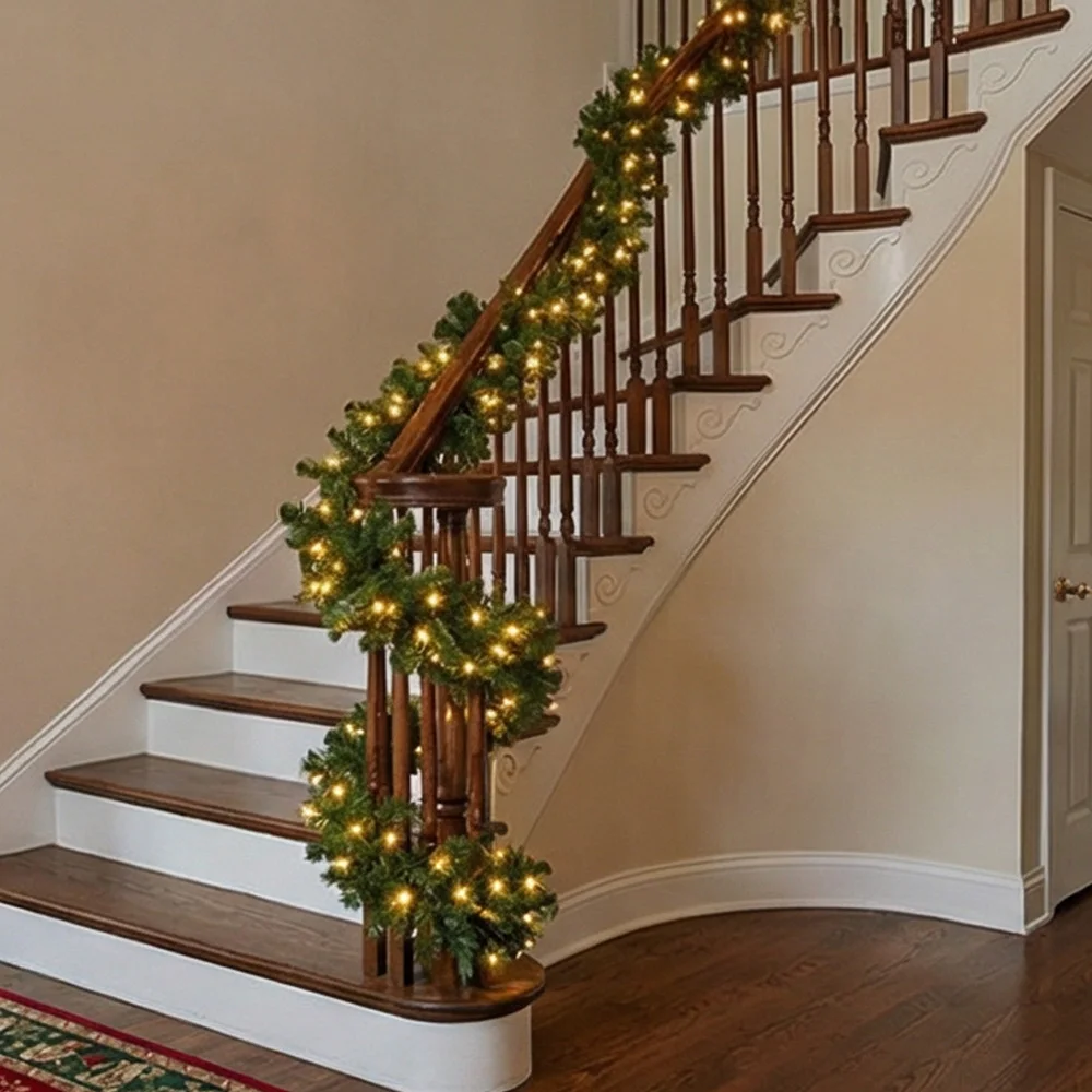 Christmas Wreath Fake - 2,7 m kunstmatige groene kerstslingerkrans, LED